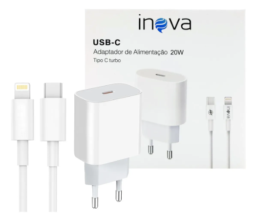 CARREGADOR DE ALIMENTAÇÃO TIPO C TURBO TIPO C+CABO LIGHTNING 20W INOVA CAR-0094