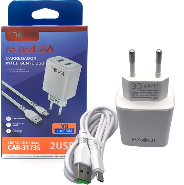 CARREGADOR 2USB+CABO TIPO V8 3.1A INOVA