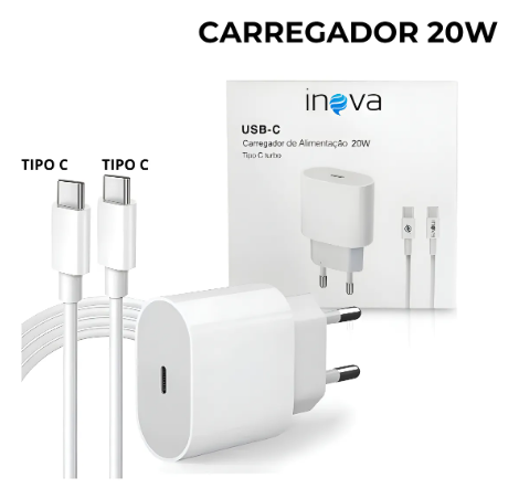 CARREGADOR DE ALIMENTAÇÃO 20W TIPO C TURBO TIPO C+CABO TIPO C INOVA CAR-0094C
